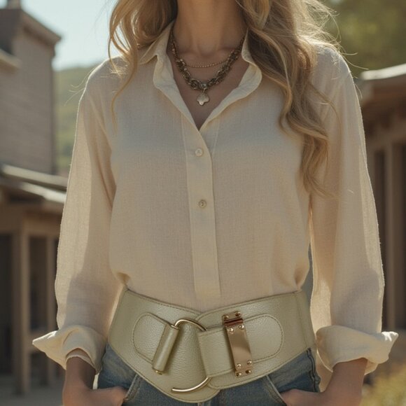 Women Metallic Beige Champagne Belt Hip Waist Elastic Waistband Hook L XL XXL - Picture 2 of 16